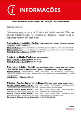 Barcelos: Alteração De Horários