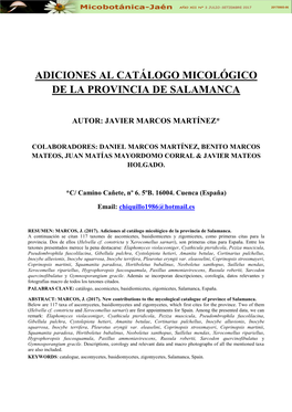 Adiciones Al Catálogo Micológico De La Provincia De Salamanca