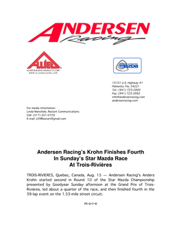 Andersen Racing's Krohn Finishes Fourth in Sunday's Star Mazda