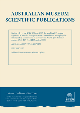 The Amphipod (Crustacea) Stygofauna of Australia: Description of New Taxa (Melitidae, Neoniphargidae, Paramelitidae), and a Synopsis of Known Species