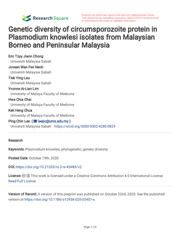 Genetic Diversity of Circumsporozoite Protein in Plasmodium Knowlesi Isolates from Malaysian Borneo and Peninsular Malaysia