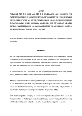 An Act Providing for the Basic Law for the Bangsamoro and Abolishing the Autonomous Region in Muslim Mindanao, Repealing for the Purpose Republic Act No