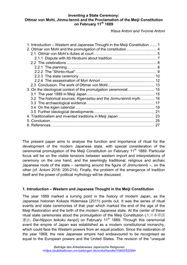 Ottmar Von Mohl, Jinmu-Tennō and the Proclamation of the Meiji Constitution on February 11Th 1889 Klaus Antoni and Yvonne Antoni