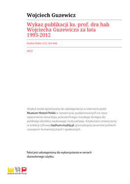 Wojciech Guzewicz Wykaz Publikacji Ks. Prof. Dra Hab Wojciecha Guzewicza Za Lata 1993-2012