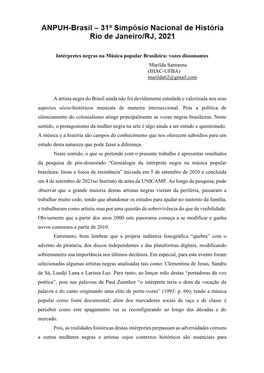 Intérpretes Negras Na Música Popular Brasileira: Vozes Dissonantes Marilda Santanna (IHAC-UFBA) Marilda62@Gmail.Com