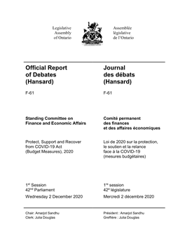 Official Report of Debates (Hansard) Journal Des Débats