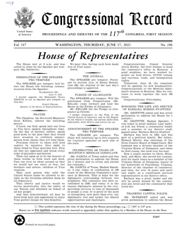 Congressional Record United States Th of America PROCEEDINGS and DEBATES of the 117 CONGRESS, FIRST SESSION