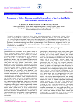 Prevalence of Kidney Stones Among the Respondents of Vaniyambadi Taluk, Vellore District, Tamil Nadu, India