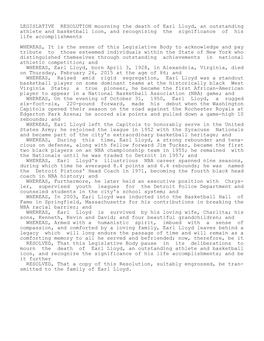 LEGISLATIVE RESOLUTION Mourning the Death of Earl Lloyd, an Outstanding Athlete and Basketball Icon, and Recognizing the Significance of His Life Accomplishments