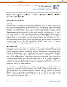 Uneven Development and Scale Politics in Southern Africa: What We Learnt from Neil Smith