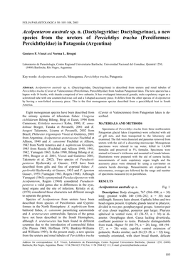 Dactylogyridae: Dactylogyrinae), a New Species from the Ureters of Percichthys Trucha (Perciformes: Percichthyidae) in Patagonia (Argentina)