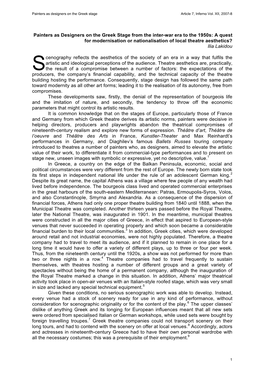 Painters As Designers on the Greek Stage from the Inter-War Era to the 1950S: a Quest for Modernisation Or Nationalisation of Local Theatre Aesthetics? Ilia Lakidou