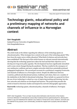 Technology Giants, Educational Policy and a Preliminary Mapping of Networks and Channels of Influence in a Norwegian Context