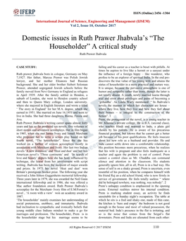 Domestic Issues in Ruth Prawer Jhabvala‟S “The Householder” a Critical Study Ruth Prawer Jhabvala