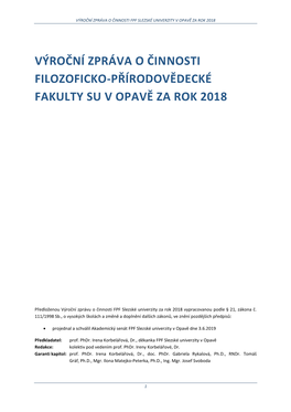 Výroční Zpráva O Činnosti FPF SU V Opavě Za Rok 2018