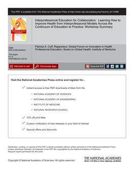 Learning How to Improve Health from Interprofessional Models Across the Continuum of Education to Practice: Workshop Summary