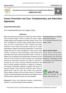 Cancer Prevention and Cure: Complementary and Alternative Approaches