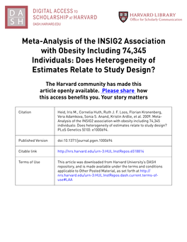 Meta-Analysis of the INSIG2 Association with Obesity Including 74,345 Individuals: Does Heterogeneity of Estimates Relate to Study Design?