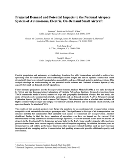 Projected Demand and Potential Impacts to the National Airspace System of Autonomous, Electric, On-Demand Small Aircraft