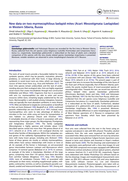 New Data on Two Myrmecophilous Laelapid Mites (Acari: Mesostigmata: Laelapidae) in Western Siberia, Russia Omid Joharchi A, Olga S