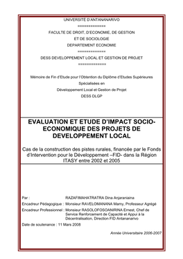 Evaluation Et Etude D'impact Socio