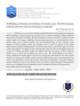 Trafficking in Women and Children in Yoruba Land the Pre-Colonial, Colonial and Post Colonial Situations Compared