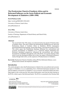 The Presbyterian Church of Southern Africa and Its Reformed Influence on the Socio-Political and Economic Development of Zimbabwe (1890–1990)