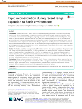 Rapid Microevolution During Recent Range Expansion to Harsh Environments Yiyong Chen1,2, Noa Shenkar3,4, Ping Ni1,2, Yaping Lin1,5, Shiguo Li1,2 and Aibin Zhan1,2*