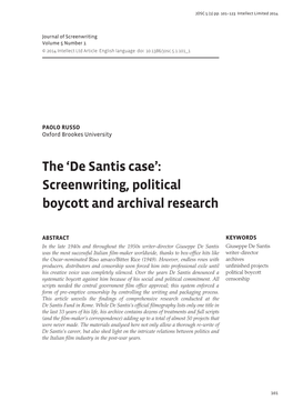 The 'De Santis Case': Screenwriting, Political Boycott and Archival Research
