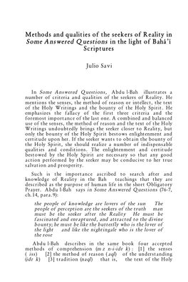 Methods and Qualities of the Seekers of Reality in Some Answered Questions in the Light of Bahá'í Scriptures