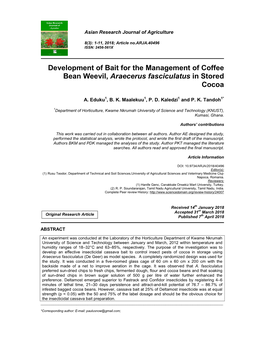 Development of Bait for the Management of Coffee Bean Weevil, Araecerus Fasciculatus in Stored Cocoa