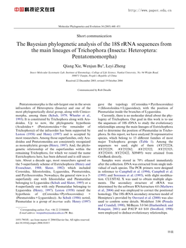 The Bayesian Phylogenetic Analysis of the 18S Rrna Sequences from the Main Lineages of Trichophora (Insecta: Heteroptera: Pentatomomorpha)