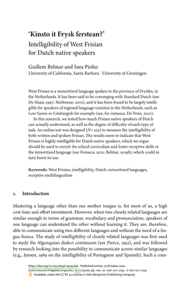 Â‚Kinsto It Frysk Ferstean?Â•Ž : Intelligibility of West Frisianfor