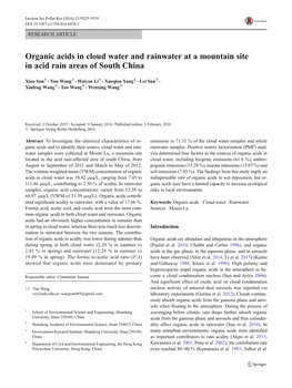 Organic Acids in Cloud Water and Rainwater at a Mountain Site in Acid Rain Areas of South China