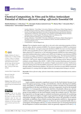 Chemical Composition, in Vitro and in Silico Antioxidant Potential of Melissa Officinalis Subsp. Officinalis Essential