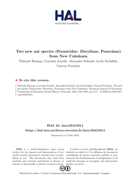 Formicidae: Dorylinae, Ponerinae) from New Caledonia Thibault Ramage, Corentin Jouault, Alexander Schmidt, Leyla Seyfullah, Vincent Perrichot