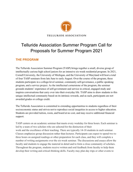 Telluride Association Summer Program Call for Proposals for Summer Program 2021