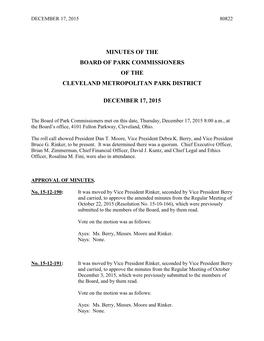 Minutes of the Board of Park Commissioners of the Cleveland Metropolitan Park District