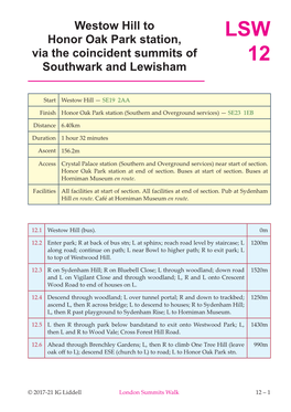LSW 12 Westow Hill to Honor Oak Park Station, Via