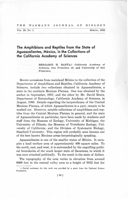 The Amphibians and Reptiles from the State of Aguascalientes, Mexico, in the Collections of the California Academy of Sciences