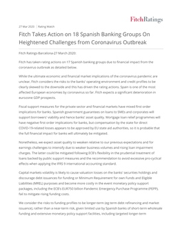 Fitch Takes Action on 18 Spanish Banking Groups on Heightened Challenges from Coronavirus Outbreak