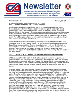Newsletter 2015-07 February 20, 2015 CAWV to RELEASE JOBS