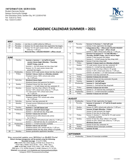 Academic Calendar Summer – 2021