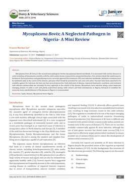 Mycoplasma Bovis; a Neglected Pathogen in Nigeria- a Mini Review