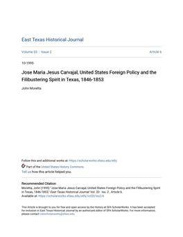 Jose Maria Jesus Carvajal, United States Foreign Policy and the Filibustering Spirit in Texas, 1846-1853
