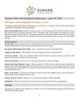 Durham Public Schools Board of Education – April 29, 2016 BOE Regular Meeting Highlights from April 28, 2016