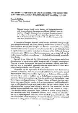 The Seventeenth-Century Crisis Revisited. the Case of the Southern Italian Silk Industry: Reggio Calabria, 1547-1686