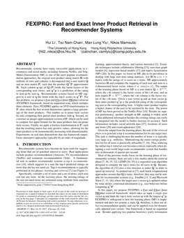 FEXIPRO: Fast and Exact Inner Product Retrieval in Recommender Systems∗