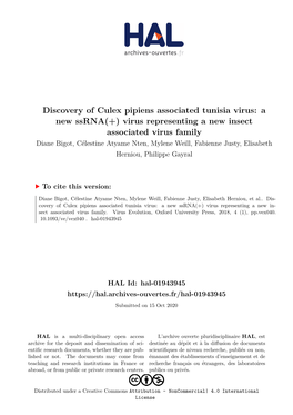 Discovery of Culex Pipiens Associated Tunisia Virus