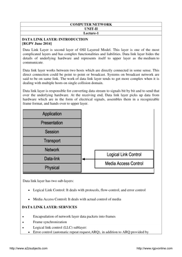 COMPUTER NETWORK UNIT-II Lecture-1 DATA LINK LAYER